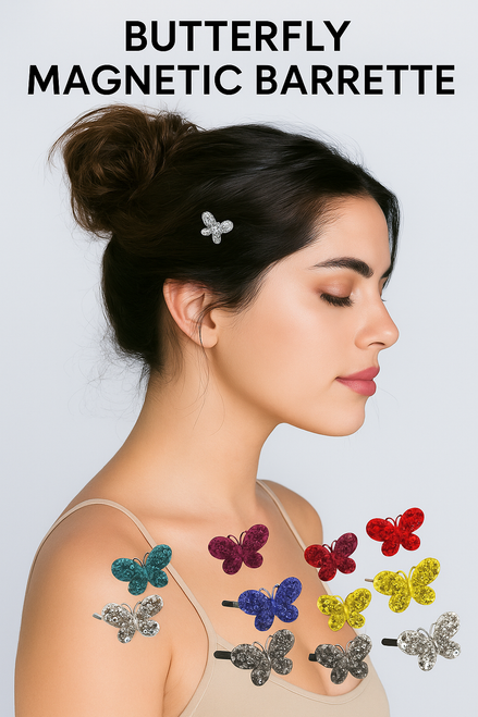 Mini Aurora Butterfly Magnetic Barrette: small clear butterfly clip worn in an updo, coloured clips at the shoulder