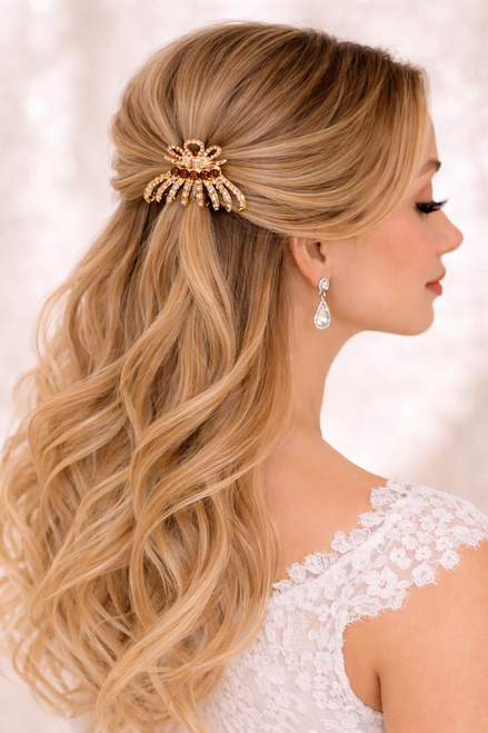 Woman with long wavy blonde hair in a half-up style with a gold-coloured openwork accessory at the crown, side view