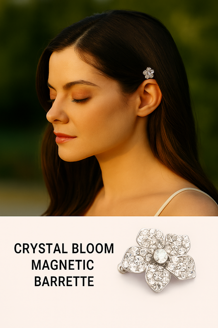 Woman in profile with dark hair and a small silver flower-shaped accessory at her temple, with a product photo below