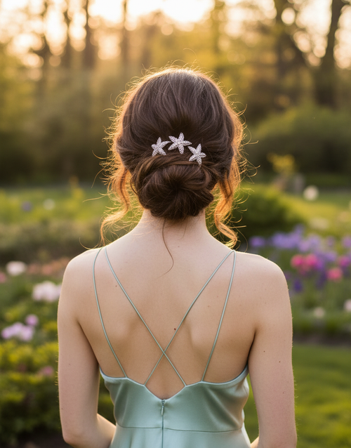 Lumière Starfish Crystal Hair Stick: small starfish hair sticks worn in an updo, green satin dress