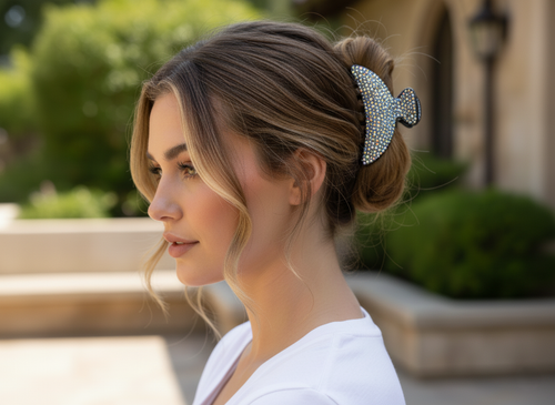 Crystal Covered Hair Jaw Clip: crystal jaw clip worn in a bun, garden setting