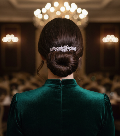 Floral Arc Crystal Hair Barrette: crystal floral barrette worn in a low chignon, seen from behind