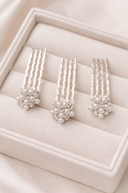 Crystal cluster mini comb: three small combs with clusters of round white beads in a white presentation box