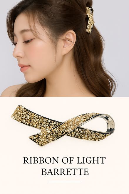 Woman with dark hair and a gold-coloured twisted ribbon accessory, with a product photo below