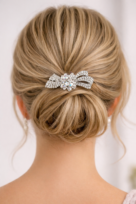 Woman seen from behind with a low twisted bun and a silver crystal accessory at its base