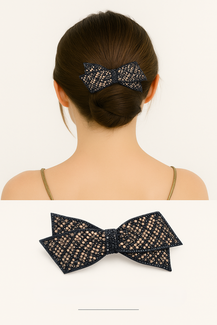 Woman seen from behind with a low bun and a dark bow-shaped accessory, above a photo of the bow