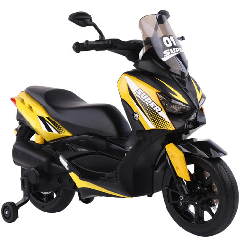 Yellow Kiddies 12v Sit-on Battery Powered Moped with Stabilizers