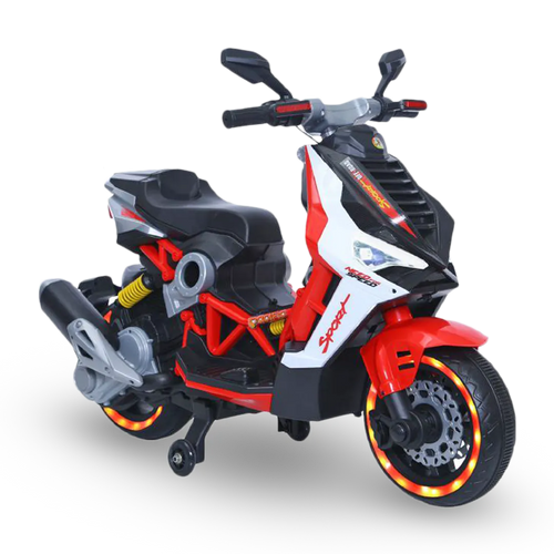 Kiddies Red 12v Sit-on 2030 Battery Powered Moped & Stabilizers