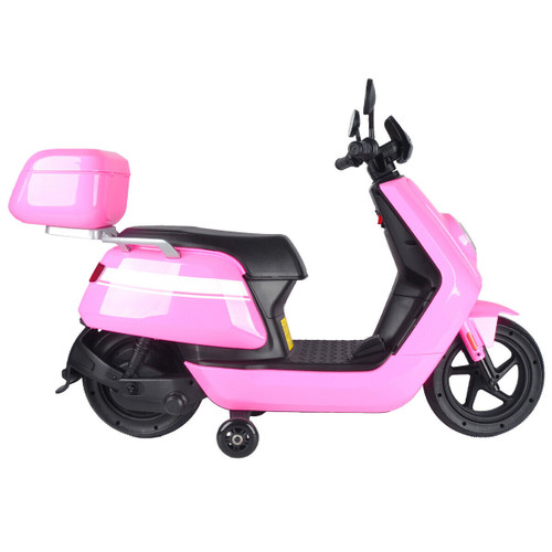 Girls Pink 12V Sit on Moped Motorbike with Storage Box