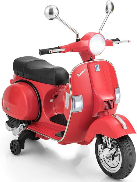 Kids Red Licensed Vespa Retro Electric Moped Scooter & Stabilzers