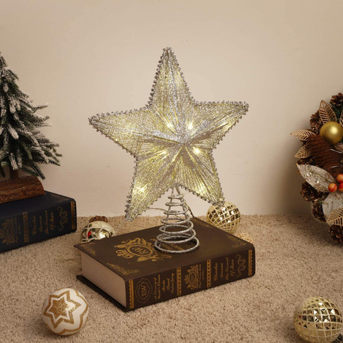 Lewondr Star Tree Topper, Battery Powered Decorative Light Christmas SILVER