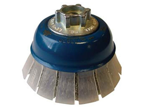 Crimped cup wire brush with protective guard