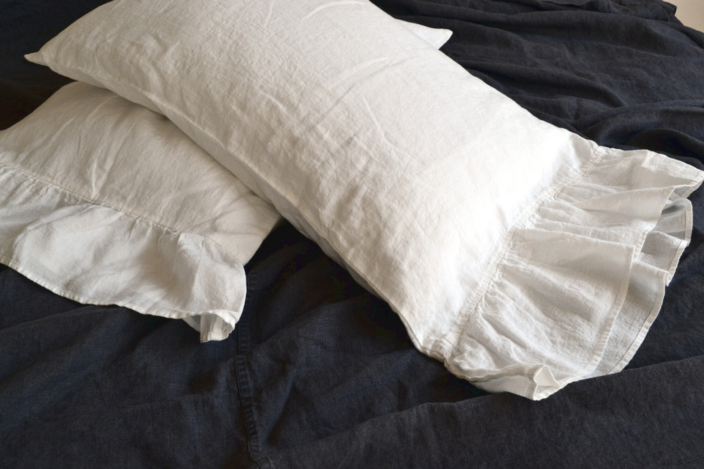 Antique White Linen Pillowcase with Ruffle