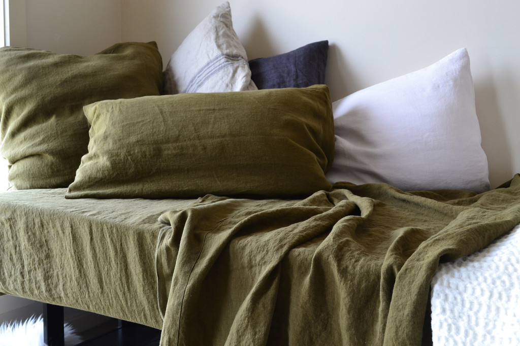 Olive Green, Stonewashed Linen Fitted Sheet