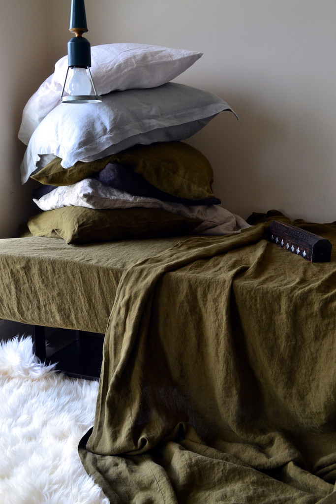 Olive Green, Stonewashed Linen Flat Sheet