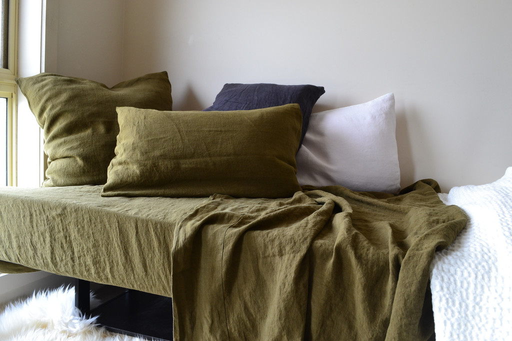 Olive Green, Stonewashed Linen Flat Sheet