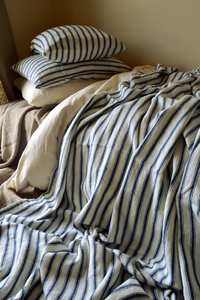 French Vintage Navy Ticking Linen Coverlet/Bed Cover