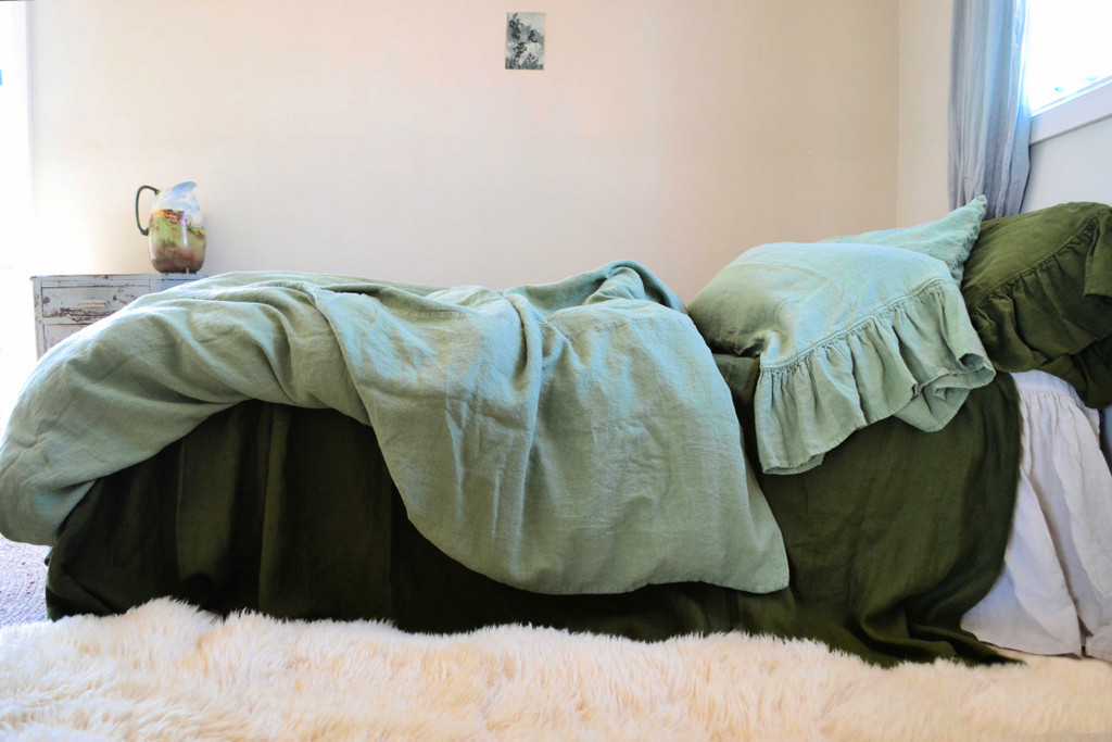 Sage Green, Rustic, Heavyweight Linen Duvet/ Quilt Cover