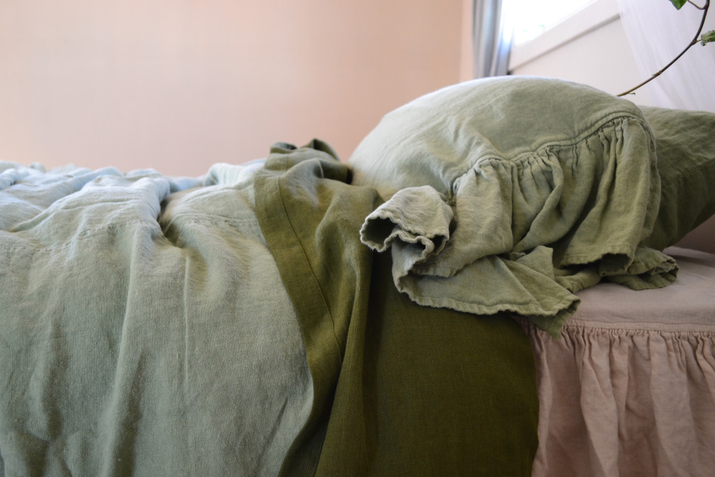 Sage Green, Heavy Linen Pillowcase with Ruffles