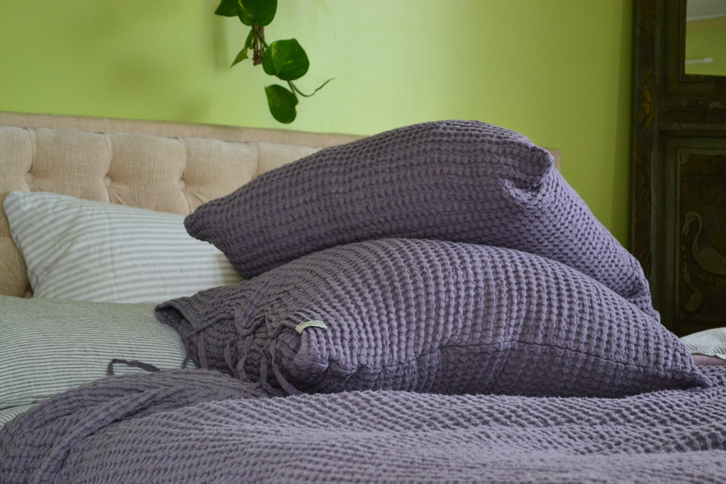 Heavyweight, custom made, rustic linen, waffle pillowcases in blueberry milk