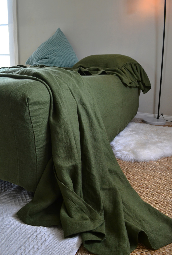 Forest Green, Heavyweight, Rustic Linen Bed Cover/ Coverlet