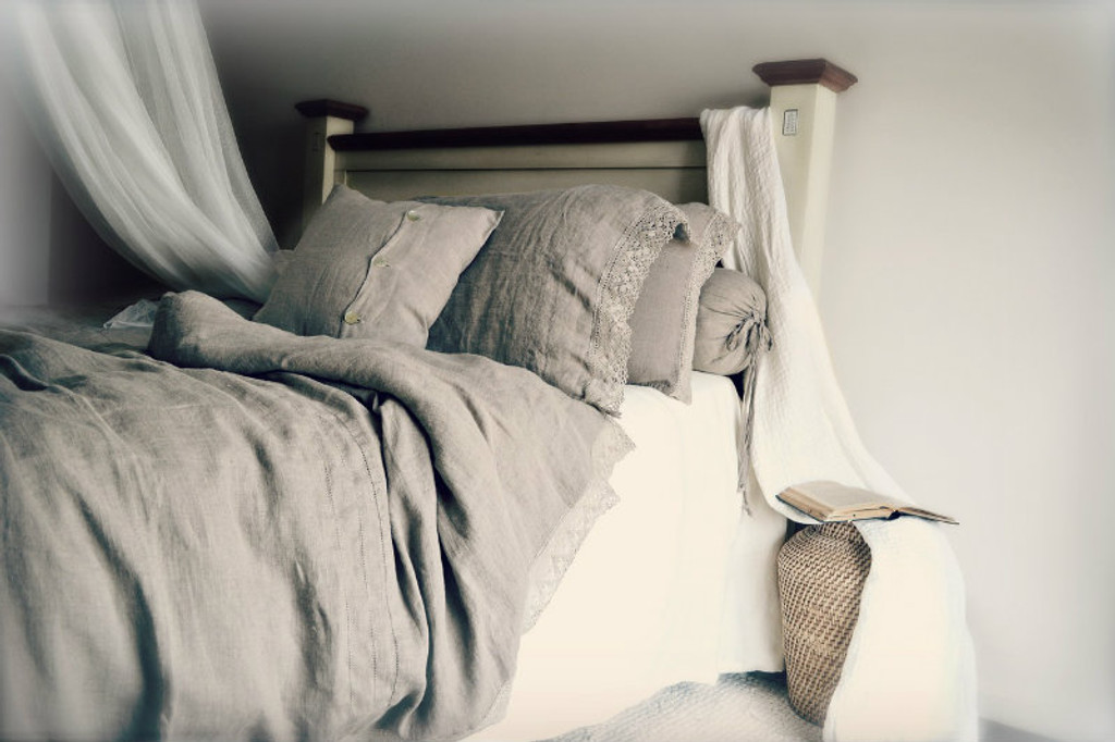 Natural (Undyed), Linen Duvet Cover with Lace