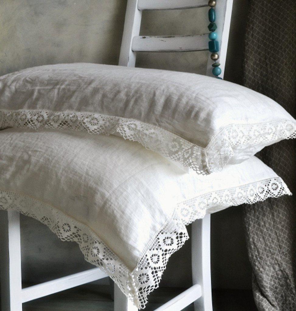 Antique white natural linen pillowcase with lace, Provincial Living Collection