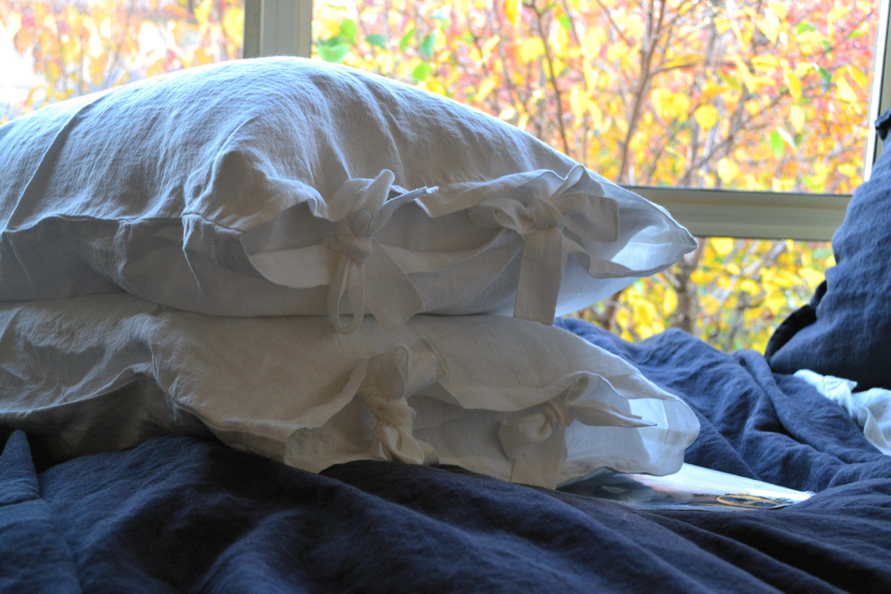 Antique White Linen Pillowcase with Ties