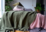 Olive Green, Waffle Linen Blanket- Extra Heavy, Natural Linen