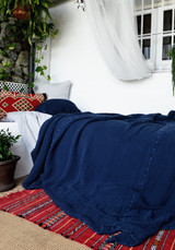 Indigo, Waffle, Linen Blanket- Extra Heavy, Natural Linen