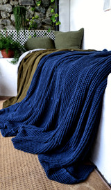 Waffle Linen Blanket, Indigo Blue. Extra Heavy natural linen