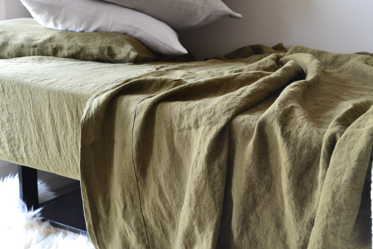 Olive Green Luxurious Linen Flat Sheet