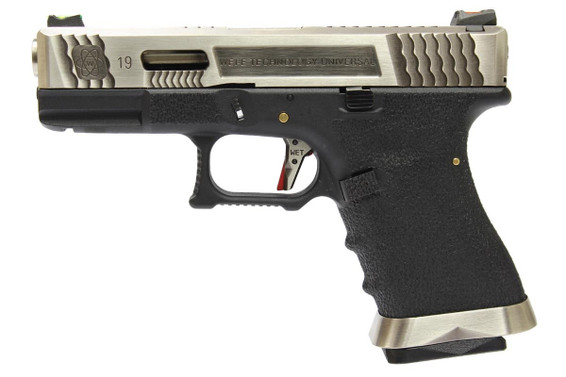 WE E Force T7 Custom EU19 Gas Pistol in Black With Silver Slide