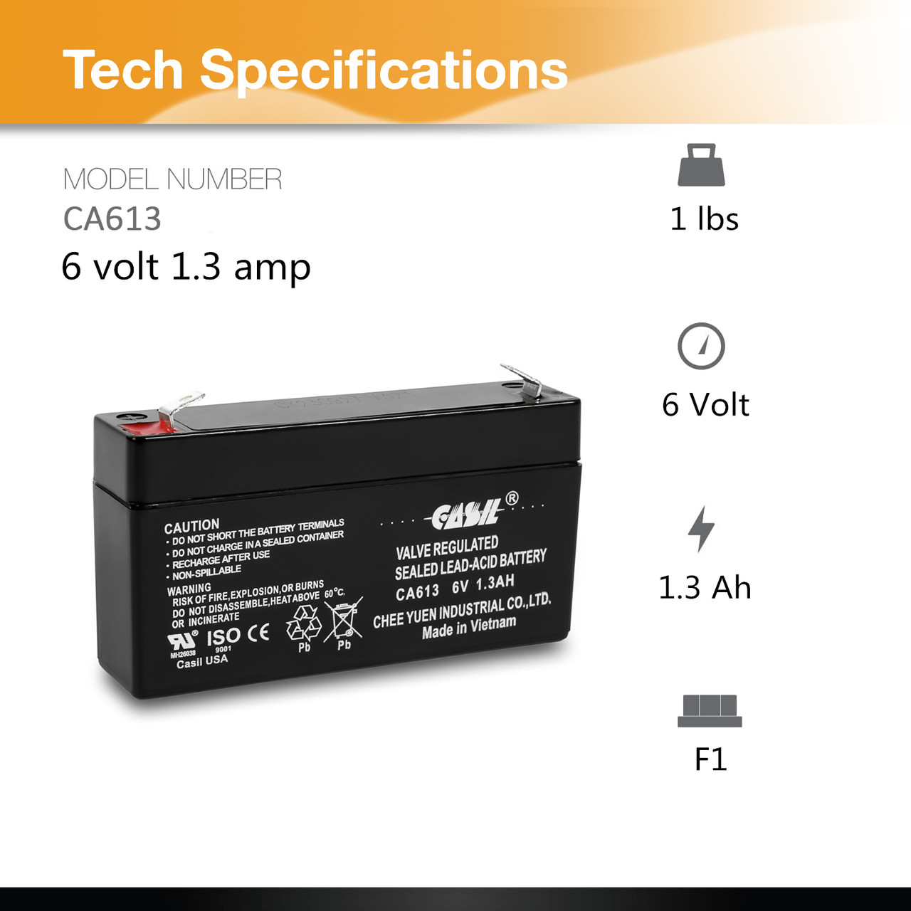 Casil CA613 6V 1.3AH battery for simon xt security system