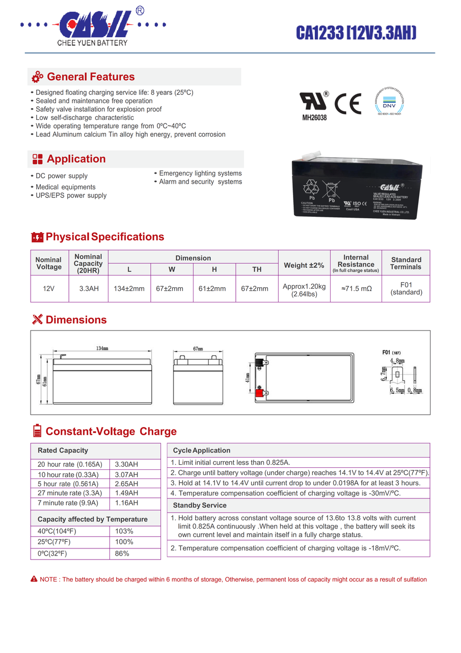Casil CA1233 12v 3ah 3.3ah 3.4ah Sealed Lead Acid Battery