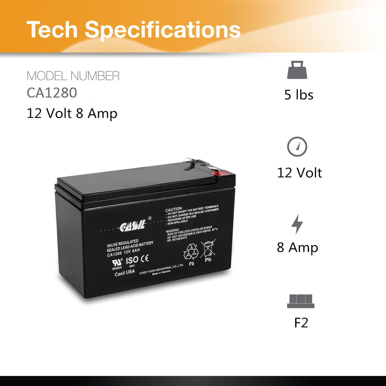 Casil CA1280 12v 8ah Sealed Lead Acid Battery F2