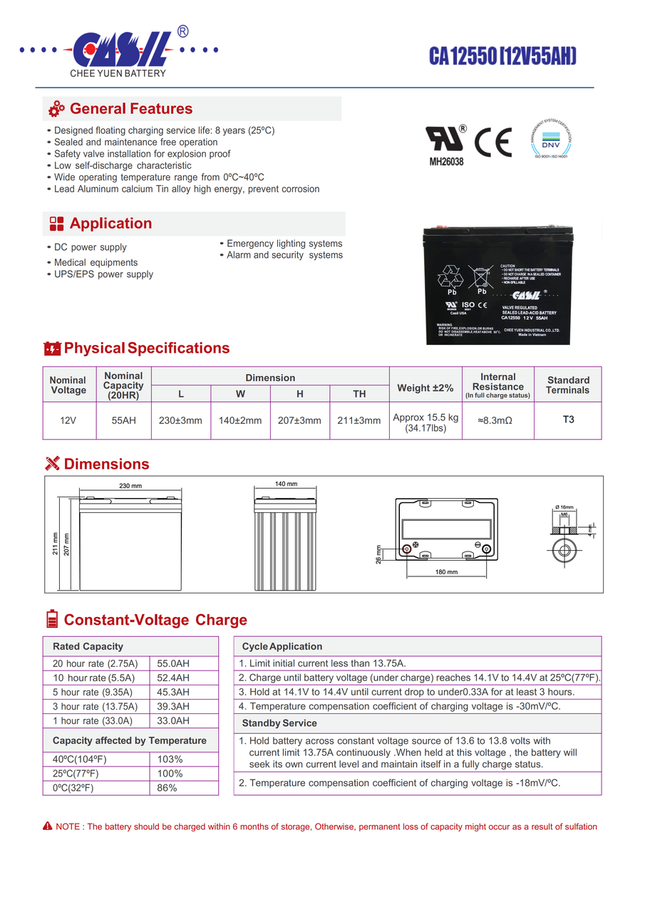 Casil CA12550 12v 55ah Sealed Lead Acid Battery
