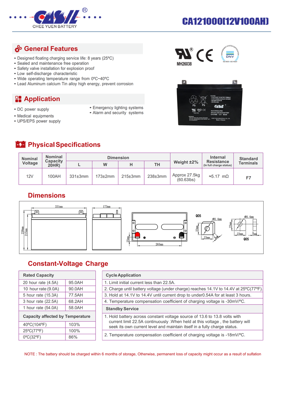 Casil CA121000 12v 100ah Deep Cycle Sealed Lead Acid Battery