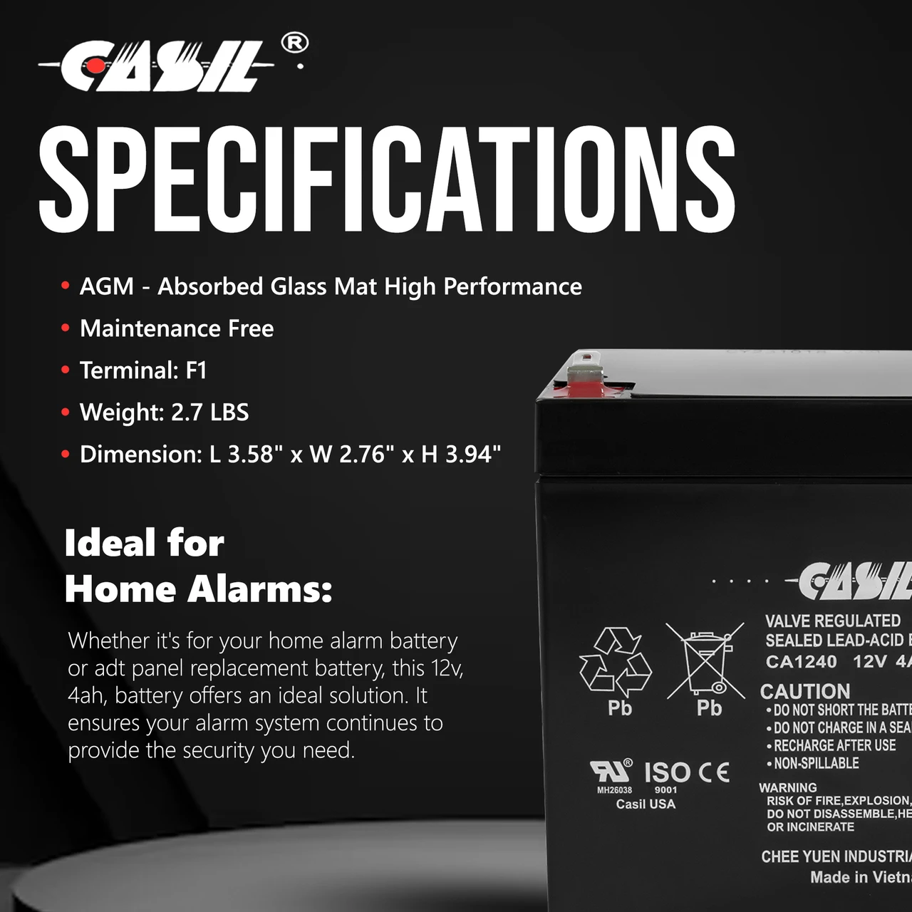 CASIL CA-1240 12V 4AH Rechargeable Sealed Lead Acid Alarm Battery