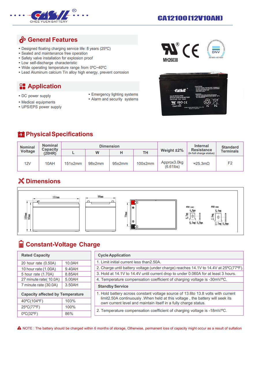 CA12100 12v 10ah Sealed Lead Acid Alarm Battery