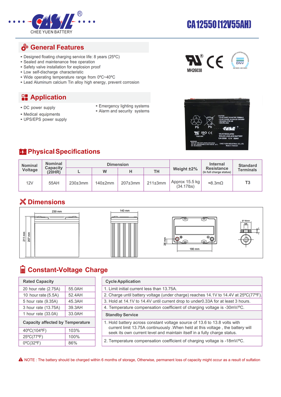 Casil CA12550 12v 55ah Sealed Lead Acid Alarm Battery Replaces 40ah 42ah and 45ah