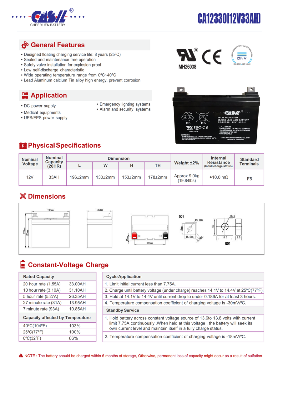 Casil CA12330 12v 33ah UPS APC Sealed Lead Acid AGM Battery with Nut & Bolt Terminals