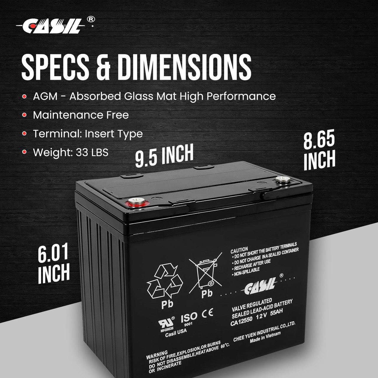 Casil CA12550 12v 55ah UPS APC Sealed Lead Acid AGM Battery Nut & Bolt Terminals