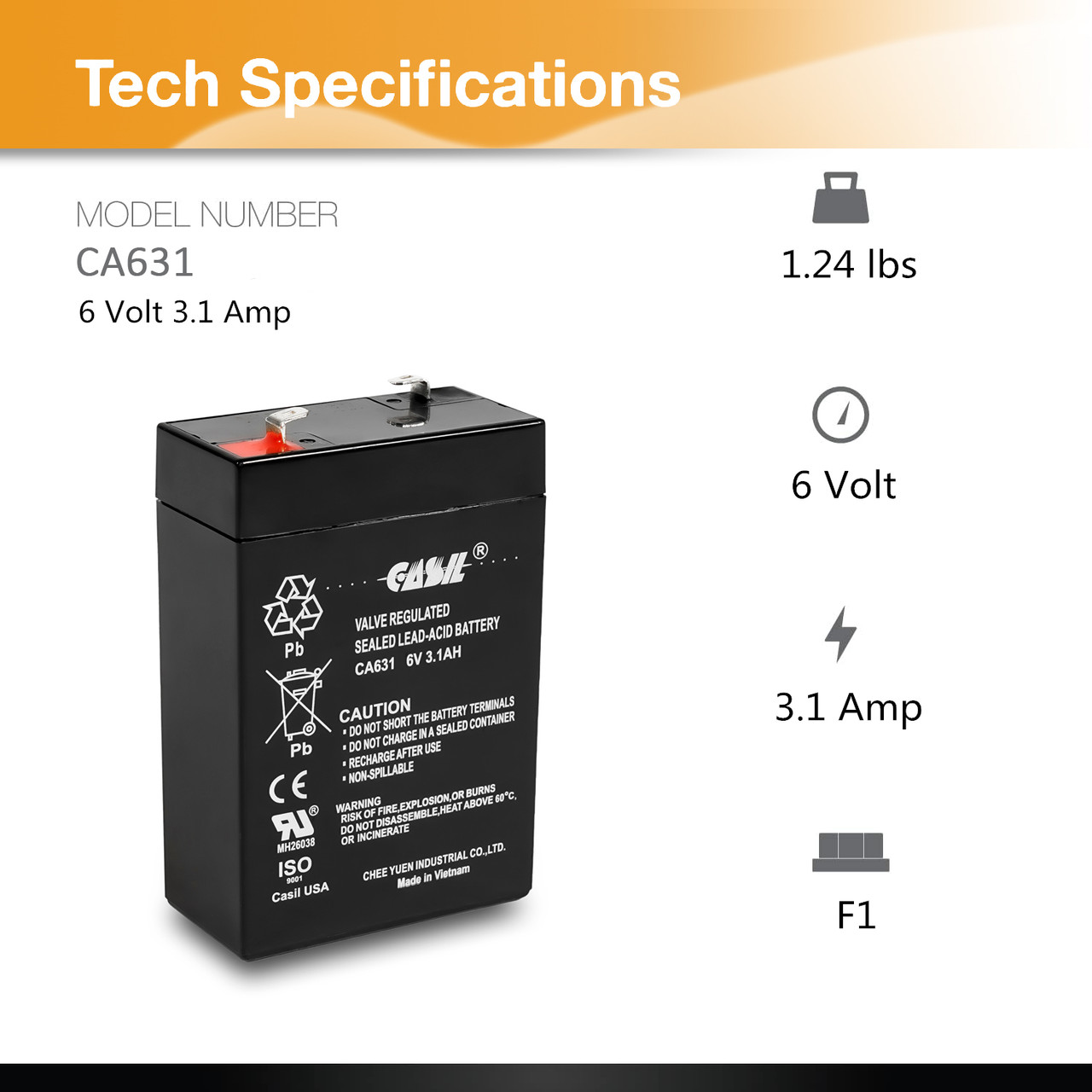 Casil CA3.1 6v 3.1ah SLA Sealed Lead Acid Rechargeable Battery