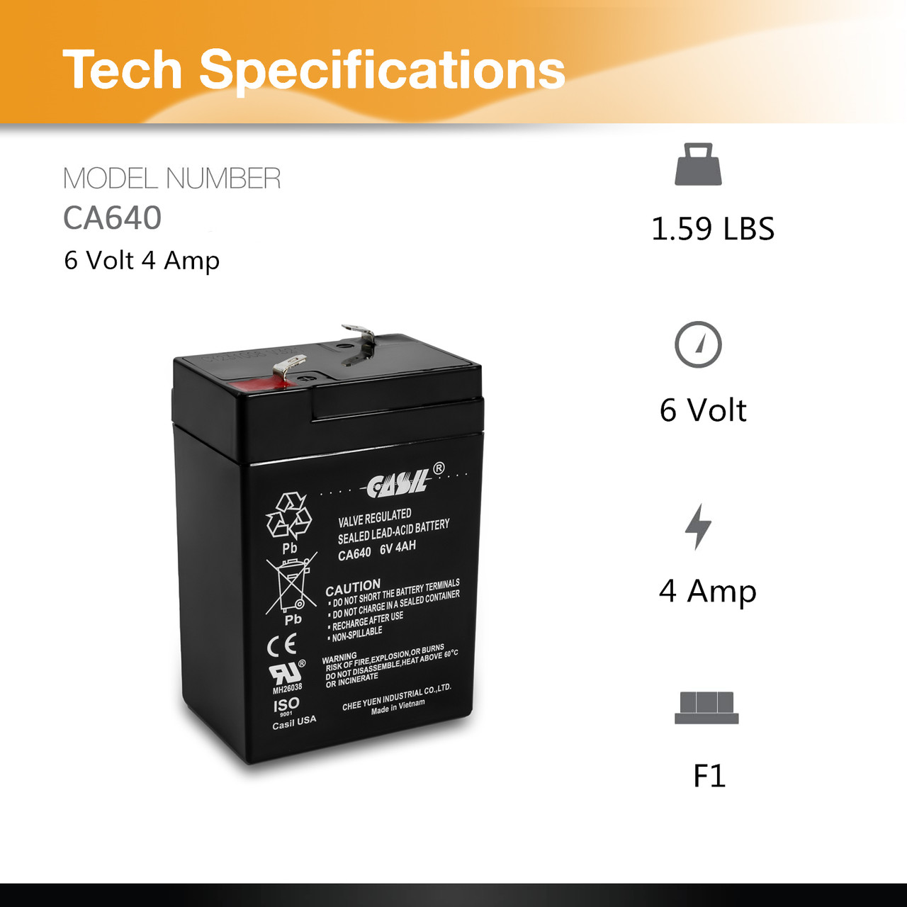 Casil 6V 4Ah Rechargeable Sealed Lead Acid Replacement Battery (1 Pack)