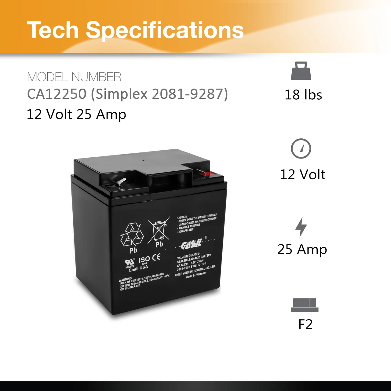 Simplex 2081-9287 Fire Alarm Control Panel Battery, Casil 12V 25Ah