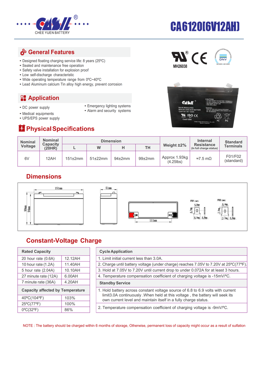 Casil CA6120 6v 12ah Rechargeable Battery