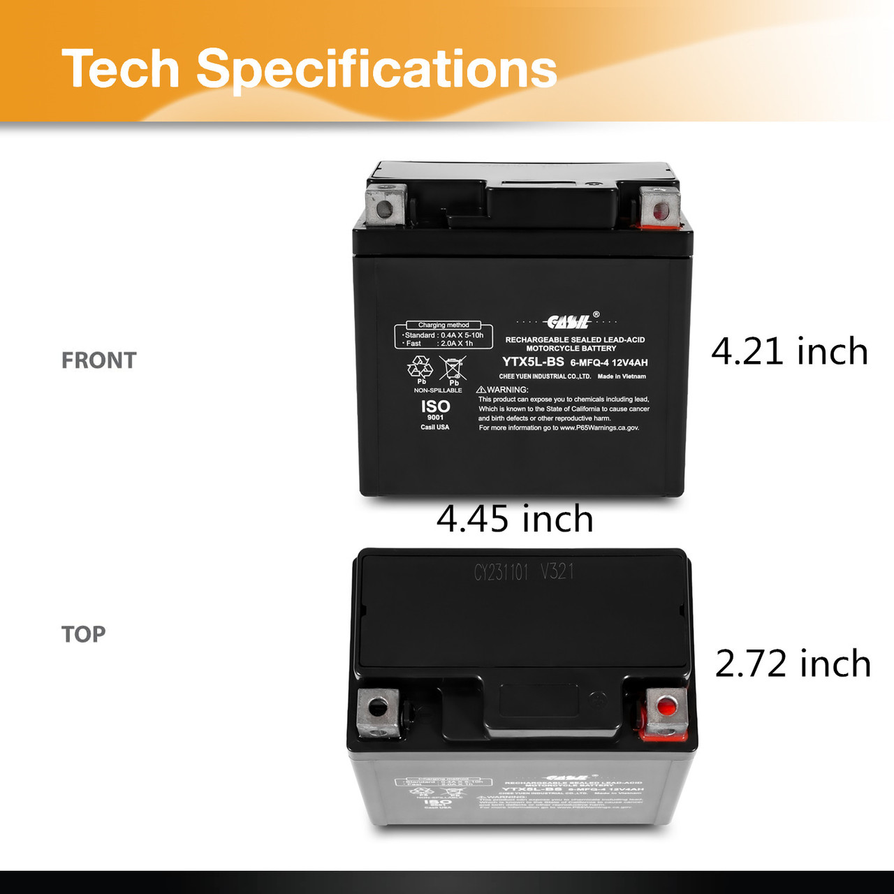 YTX5L-BS - 12V 4AH 80 CCA - SLA Power Sport Battery - Casil Battery