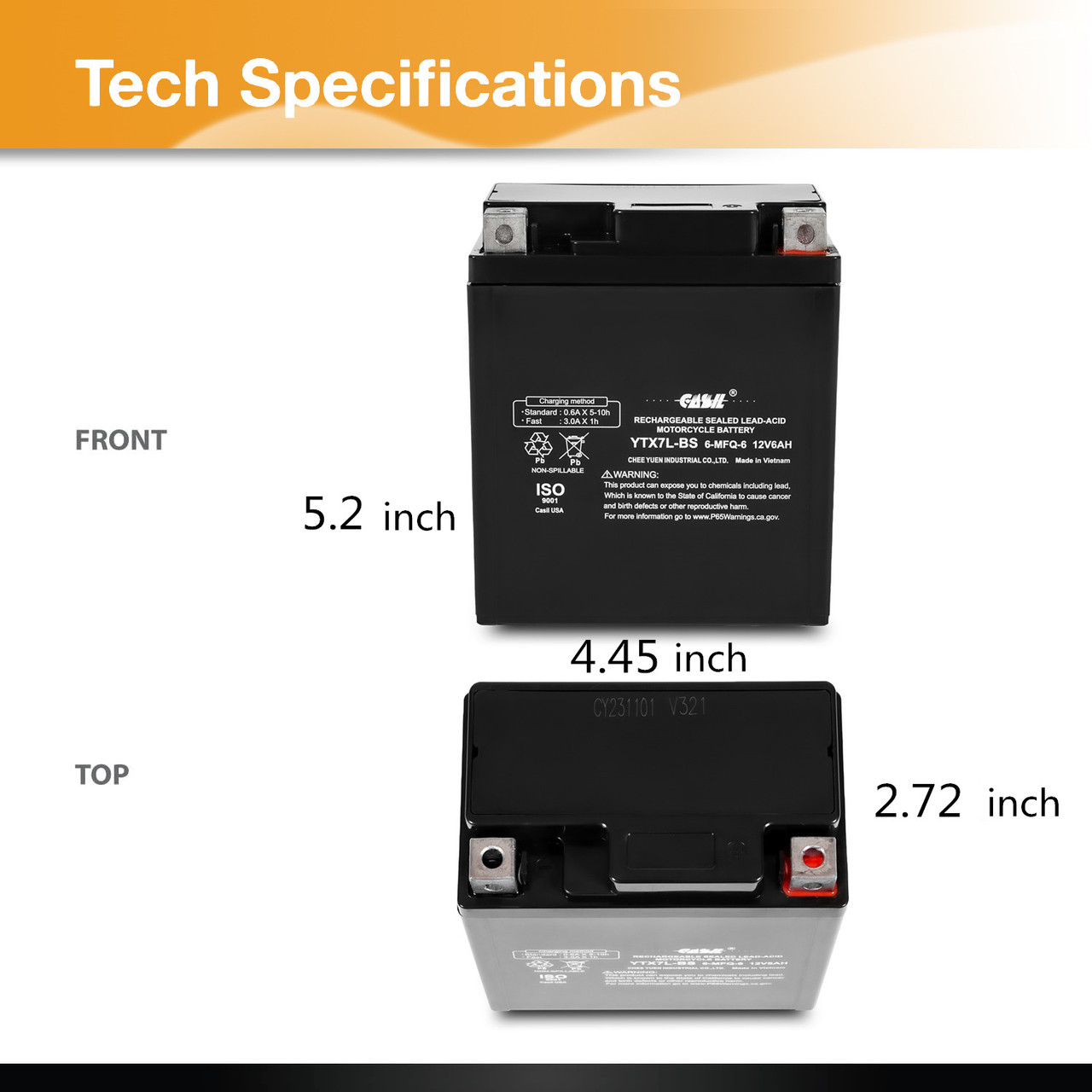 YTX7L-BS - 12V 6AH 100 CCA - SLA Power Sport Battery - Casil Battery