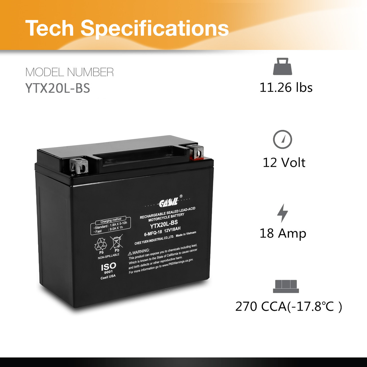 YTX20L-BS 12 Volt 18 AH 270 CCA AGM Power Sport Battery